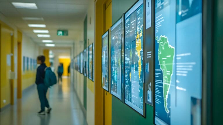 Moderner Flur einer Universität mit variablen Informationen auf Digital Signage Displays