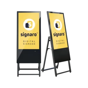 Indoor Digital Signage Kundenstopper in Front- und Seitenansicht.