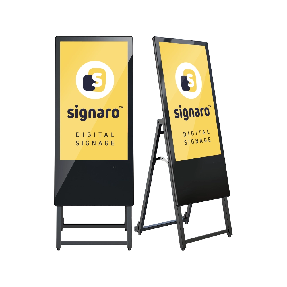 Indoor Digital Signage Kundenstopper in Front- und Seitenansicht.
