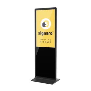 Kleine Indoor Digital Signage Stele mit Signaro Logo.