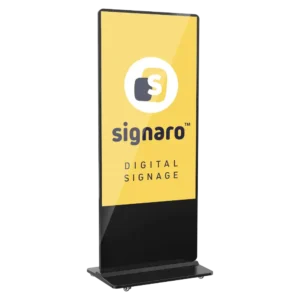 Indoor Digital Signage Stele mit Signaro Logo leicht schräg gezeigt.