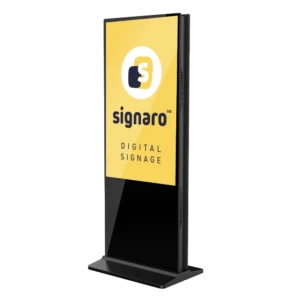 Doppelte Digital Signage Stele mit Signaro Logo.