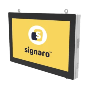 Outdoor Digital Signage Monitor zur Montage im Quer- und Hochformat an einer Wand.