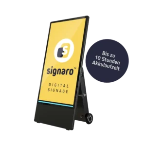 Mobiler Semi-Outdoor Digital Signage Monitor mit Akku und Signaro Logo.