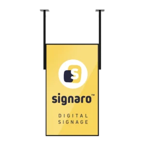 Hochhelles Digital Signage Schaufensterdisplay mit Deckenabhängung.